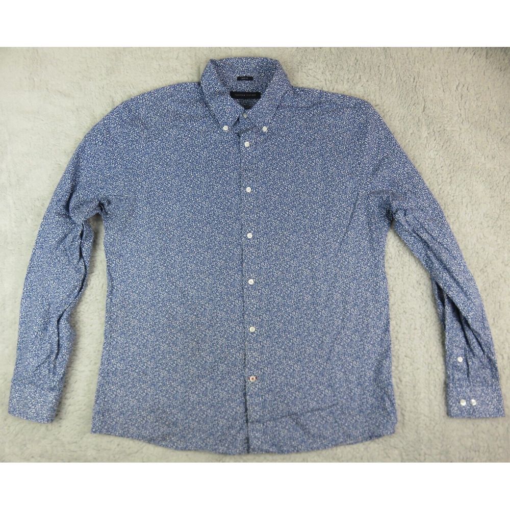 Mens Tommy Hilfiger Blue White Floral Button Front Dress Shirt L 16.5 35/35 Slim